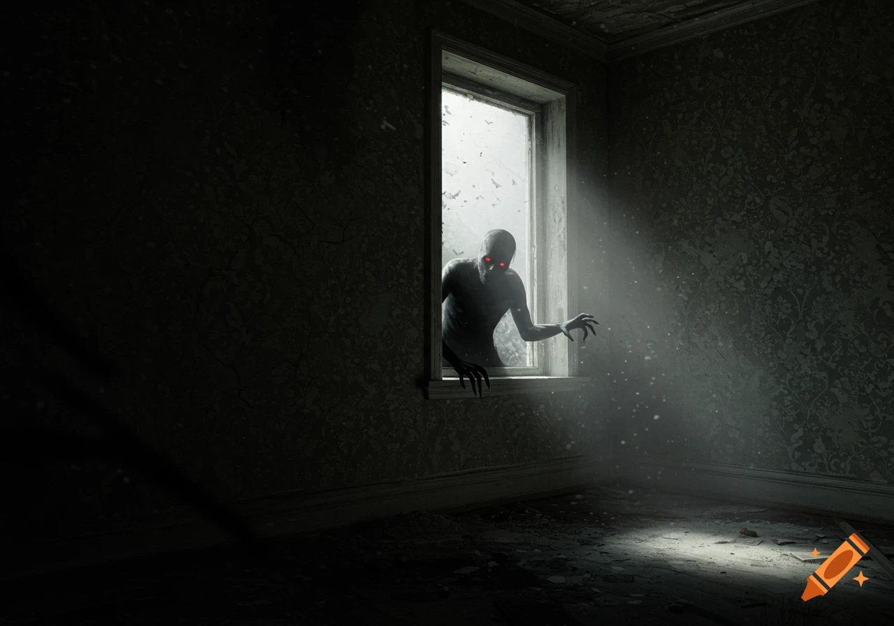 A creepy creature with red eyes peeks through a window into a dark, dusty room.