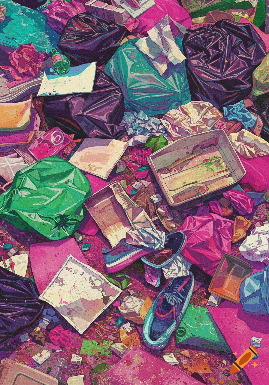 A vibrant, stylized close-up of a pile of colorful trash.