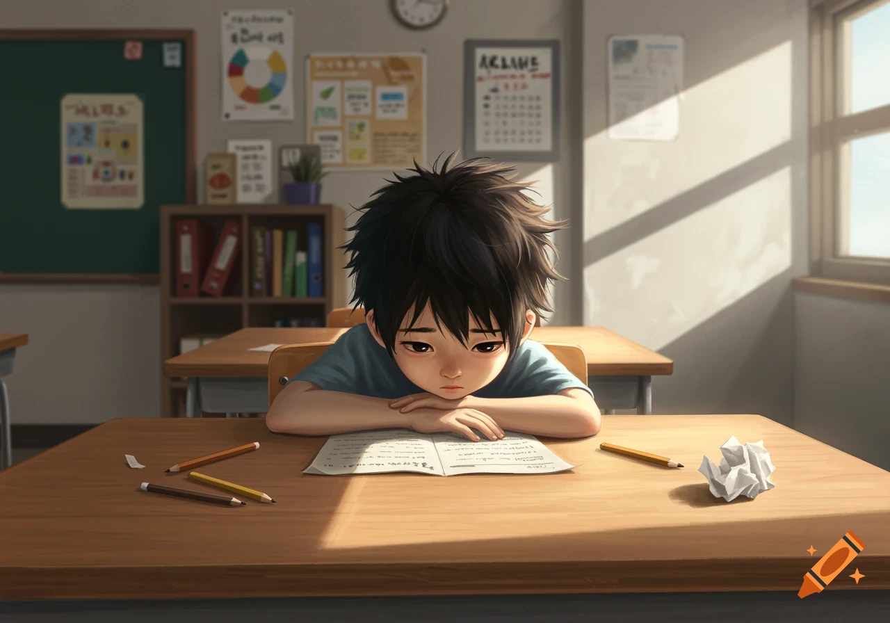 Anime illustration of a sad boy sitting at a desk in a classroom.