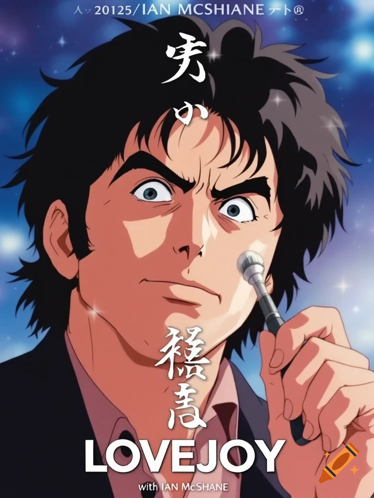 Anime style poster of a man holding a microphone, with English and Japanese text.