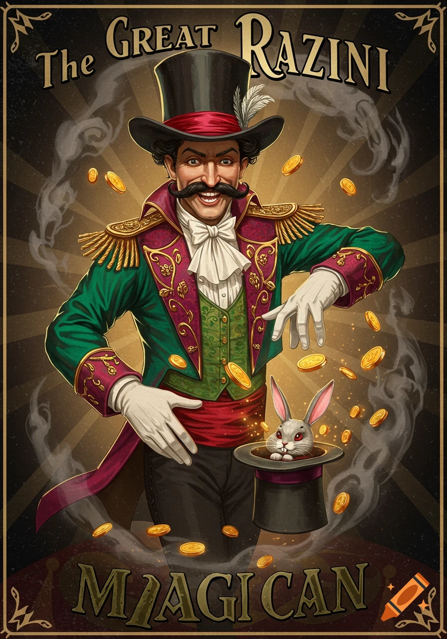 Vintage poster of magician Razini pulling a rabbit from a hat, with coins flying