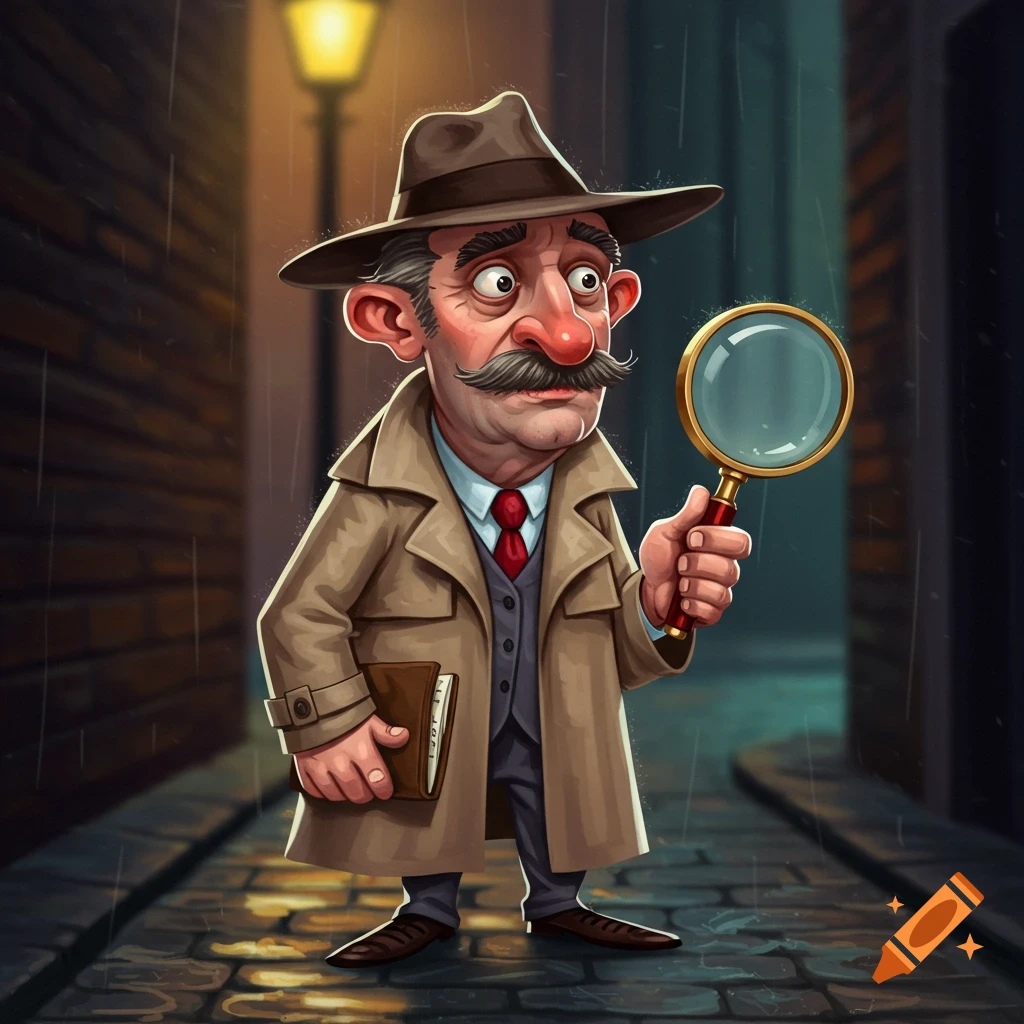 Cartoon detective with magnifying glass and book in rainy street