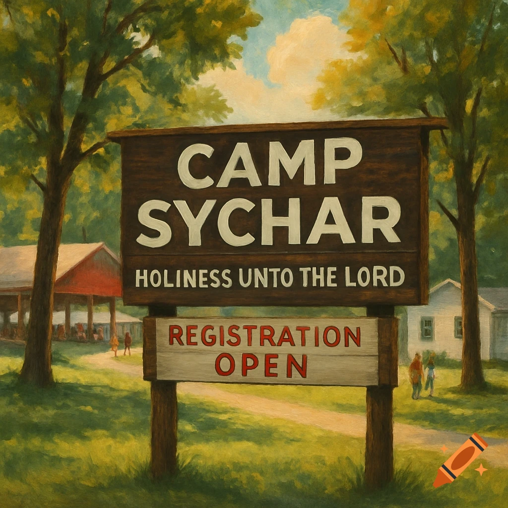 A painting of a wooden sign for "Camp Sychar" that reads "Holiness Unto The Lord Registration Open" in a grassy field.