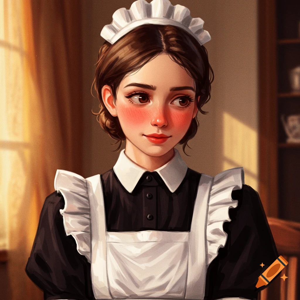 Illustration of a young woman dressed as a maid looking to the side.