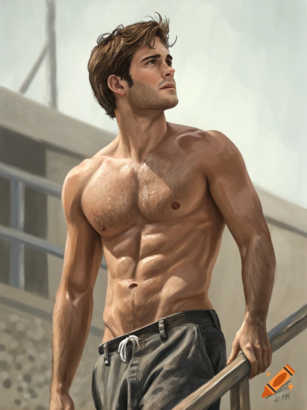 Rendered portrait of a shirtless man with sculpted abs, looking upwards.