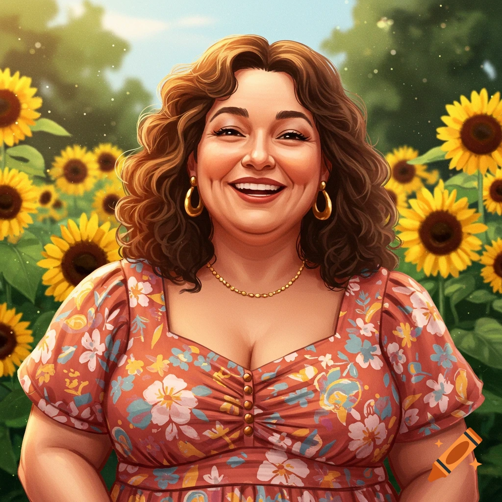 Digital illustration of a smiling woman in a floral dress standing in a sunflower field.