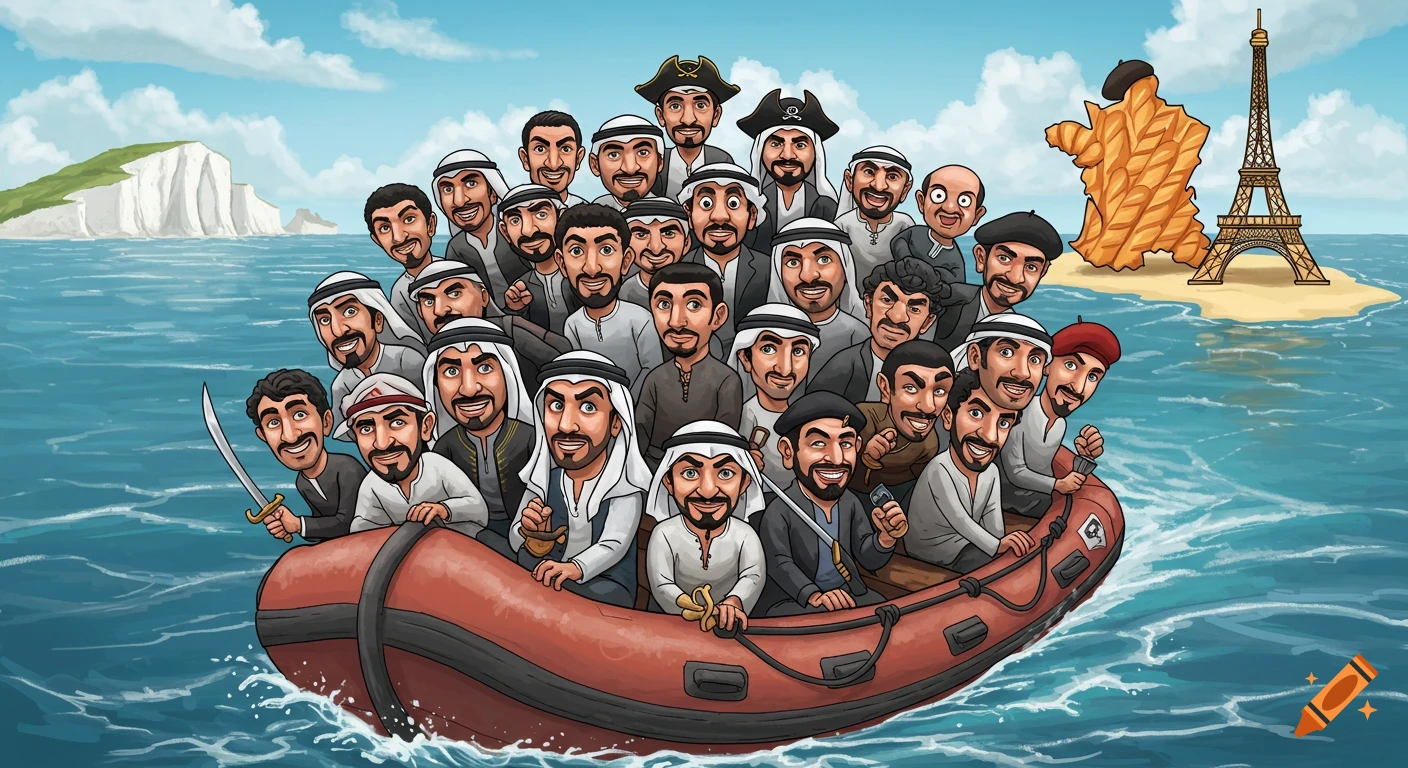 Caricature of many Arab men in a boat near Dover cliffs and stylized France/Eiffel Tower.