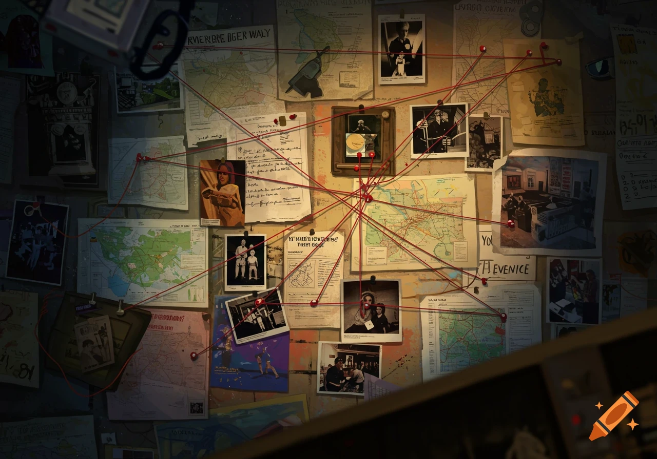 A close-up view of a cluttered evidence wall covered in photos, maps ...