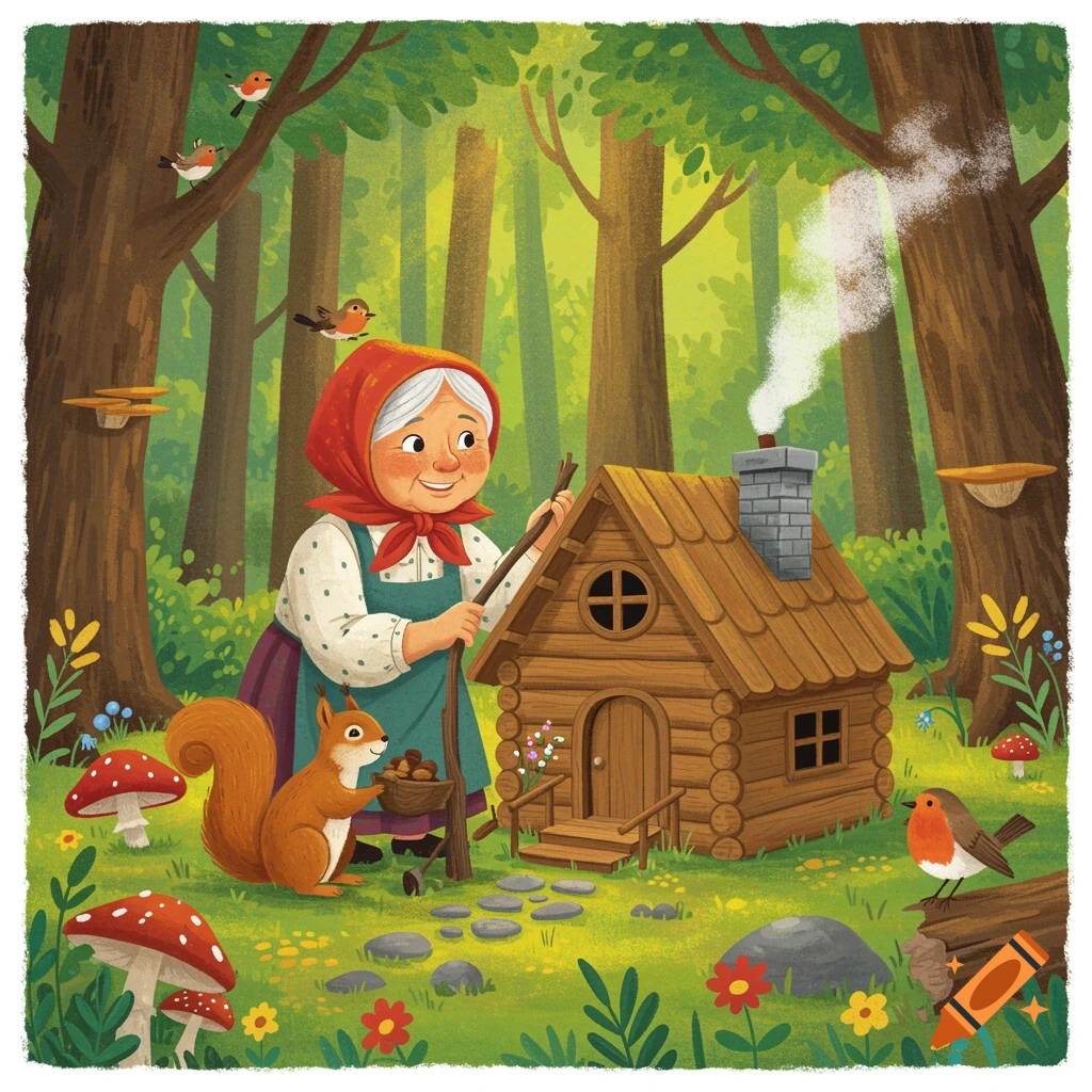 Children's book illustration of an old woman and squirrel next to a small log house in a forest.