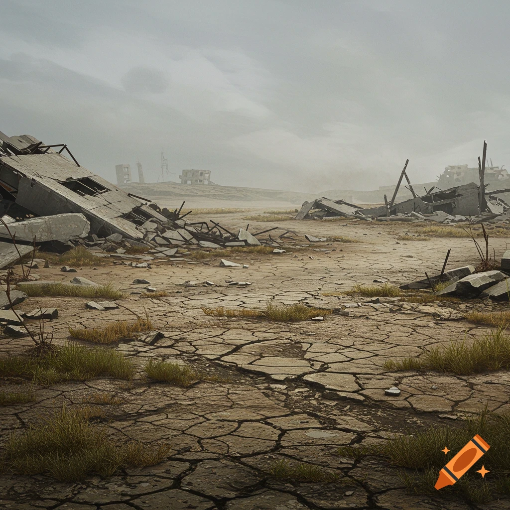 A desolate, cracked wasteland with ruins of buildings under a cloudy sky.
