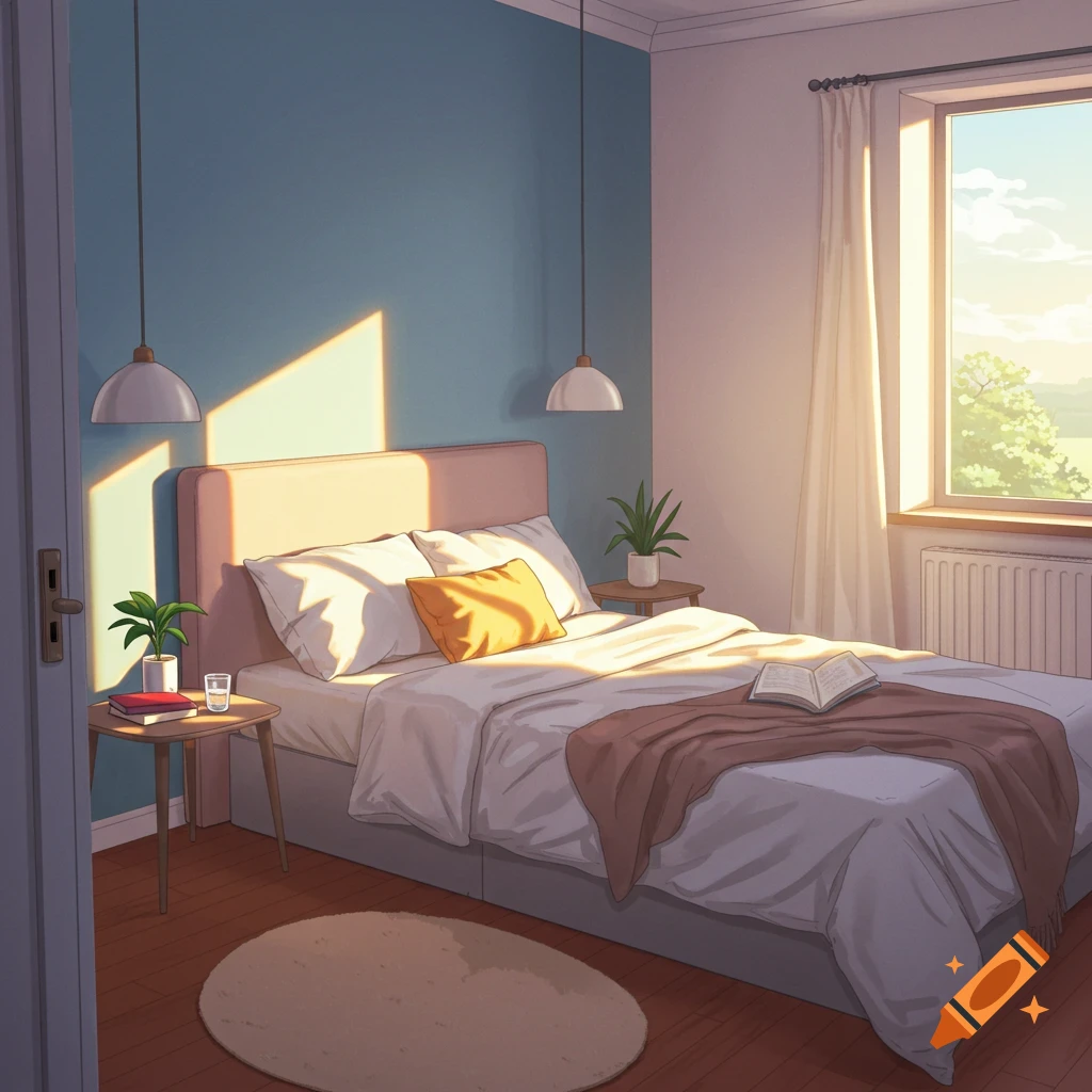 Sunny anime-style bedroom with a bed, window, and plants.
