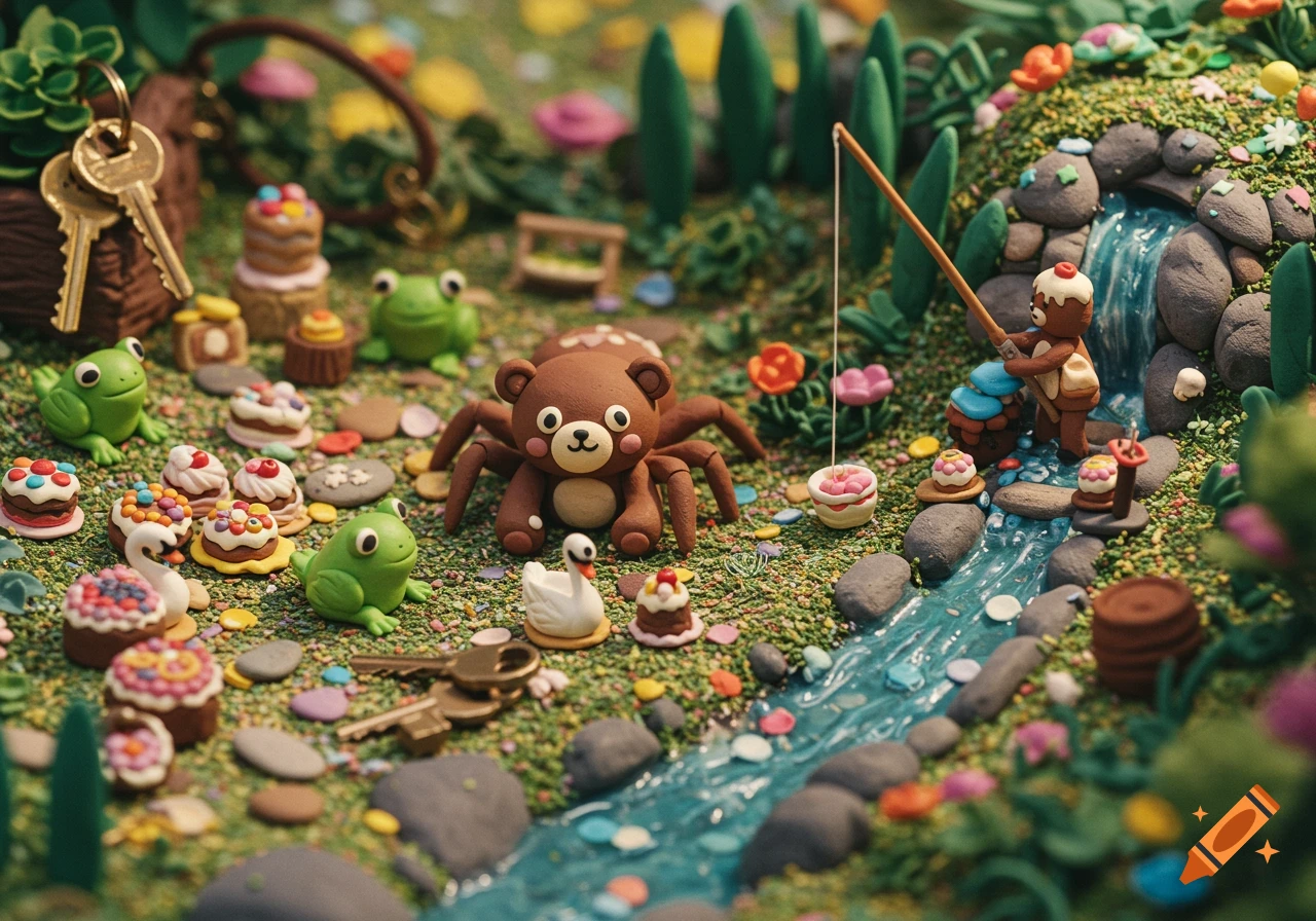 A detailed clay model diorama featuring a bear spider, frogs, swans, cakes, keys, and a small figure fishing by a stream.
