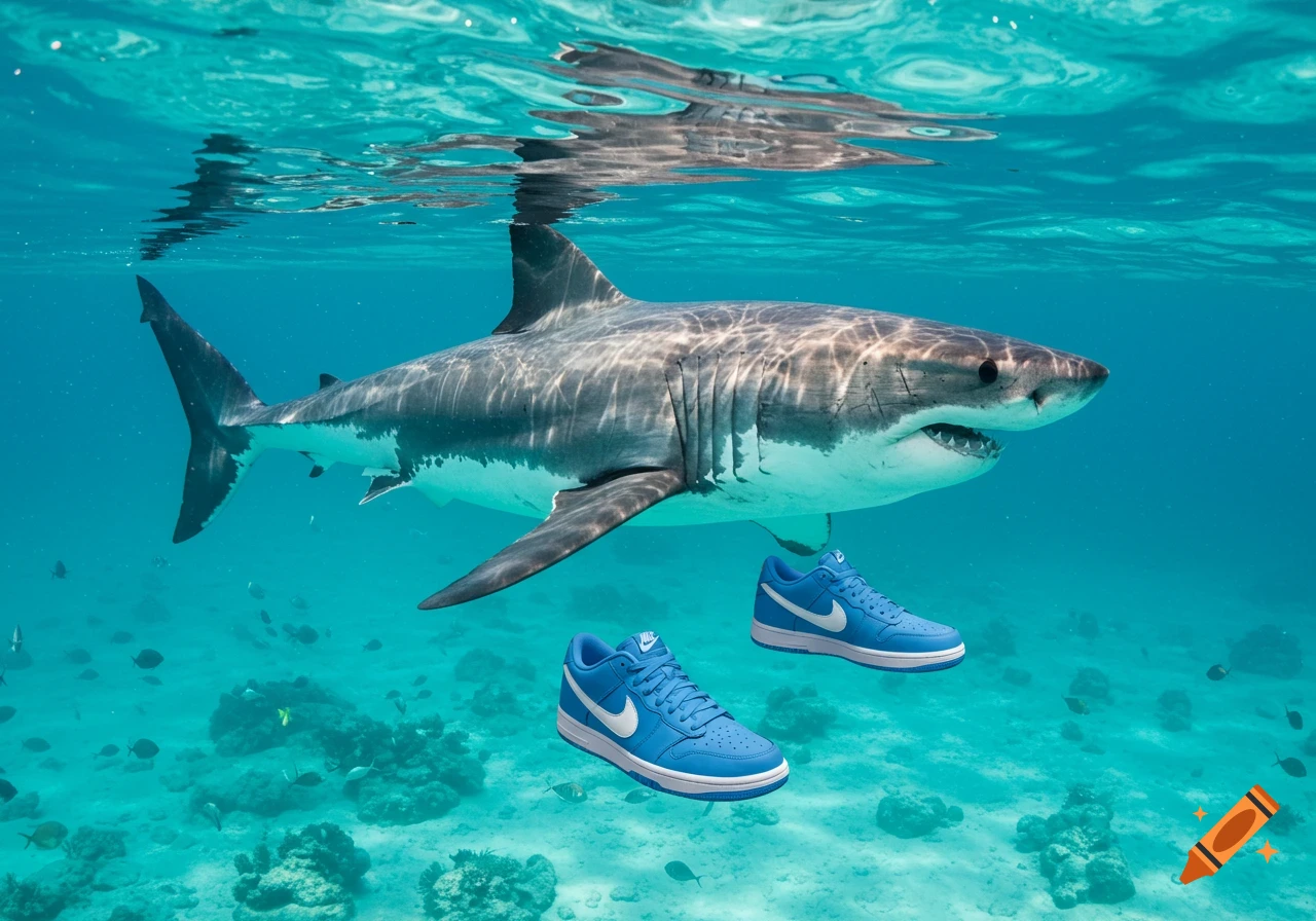 A great white shark swims underwater with two blue Nike shoes.