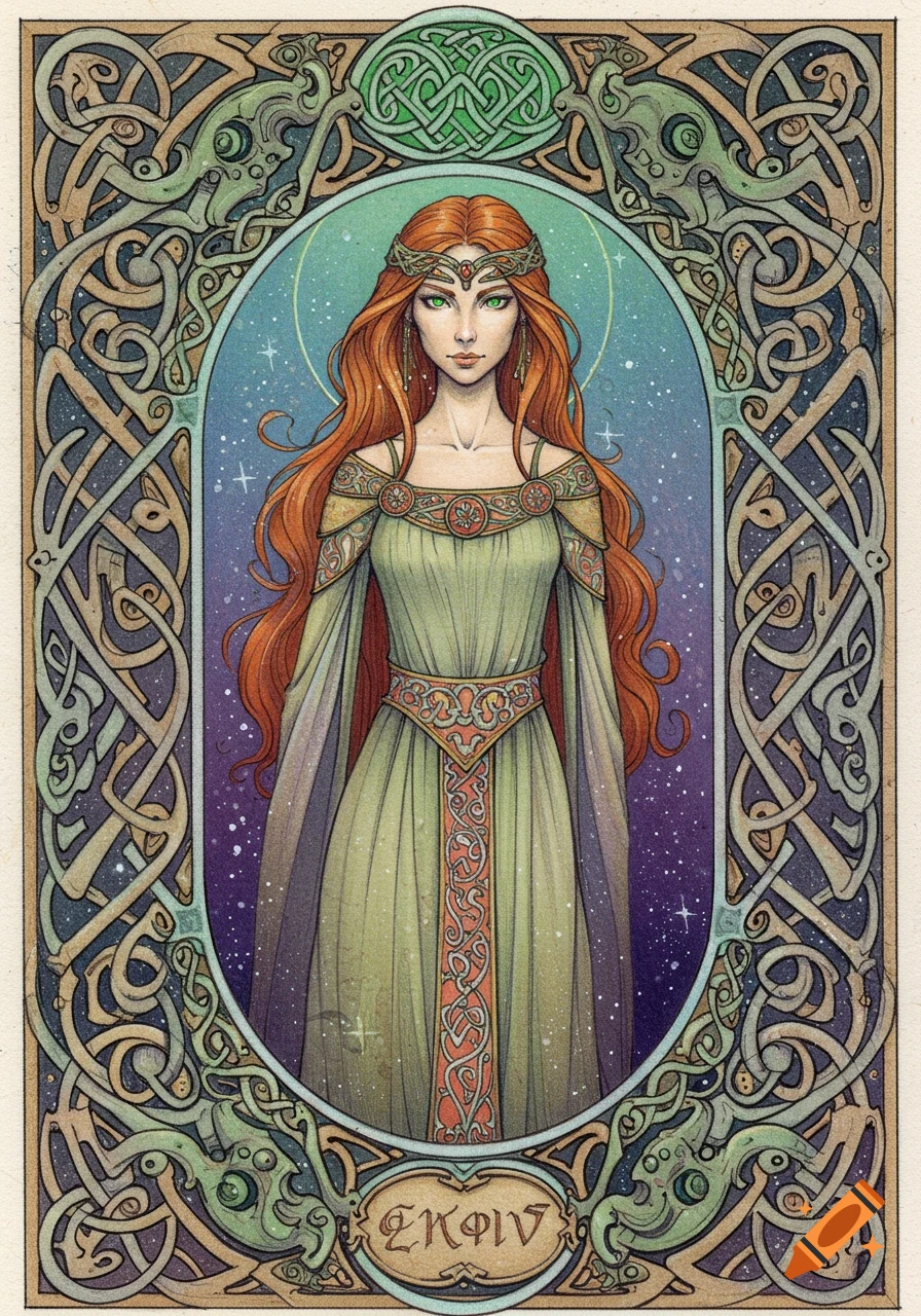 Pencil sketch of a woman with red hair and green dress in a Celtic fantasy border.