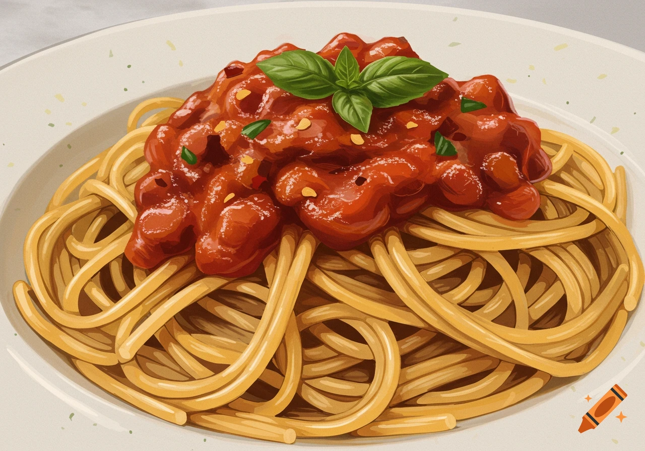Spaghetti with bolognese sauce and basil, illustration.