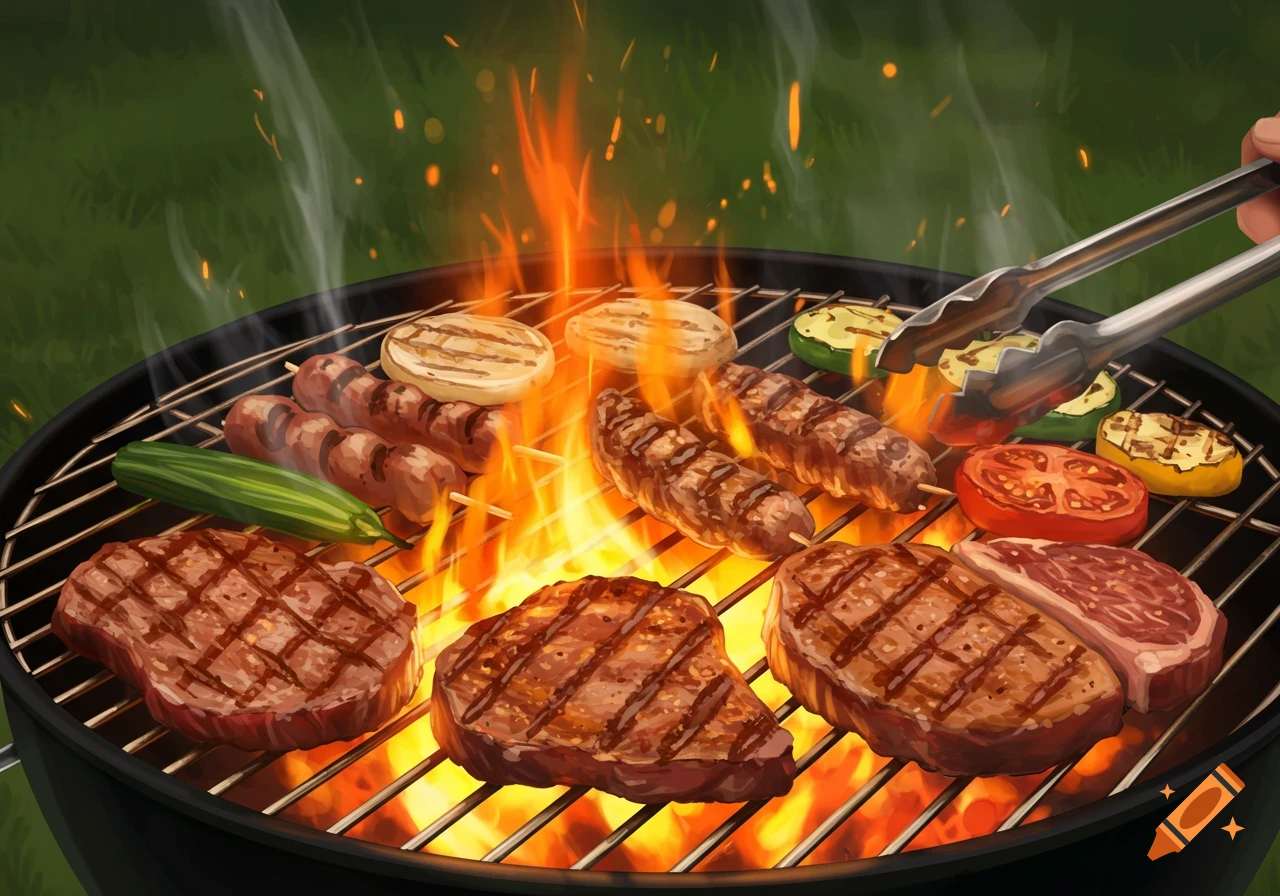 Steaks, skewers, and vegetables cooking on a hot barbecue grill with tongs