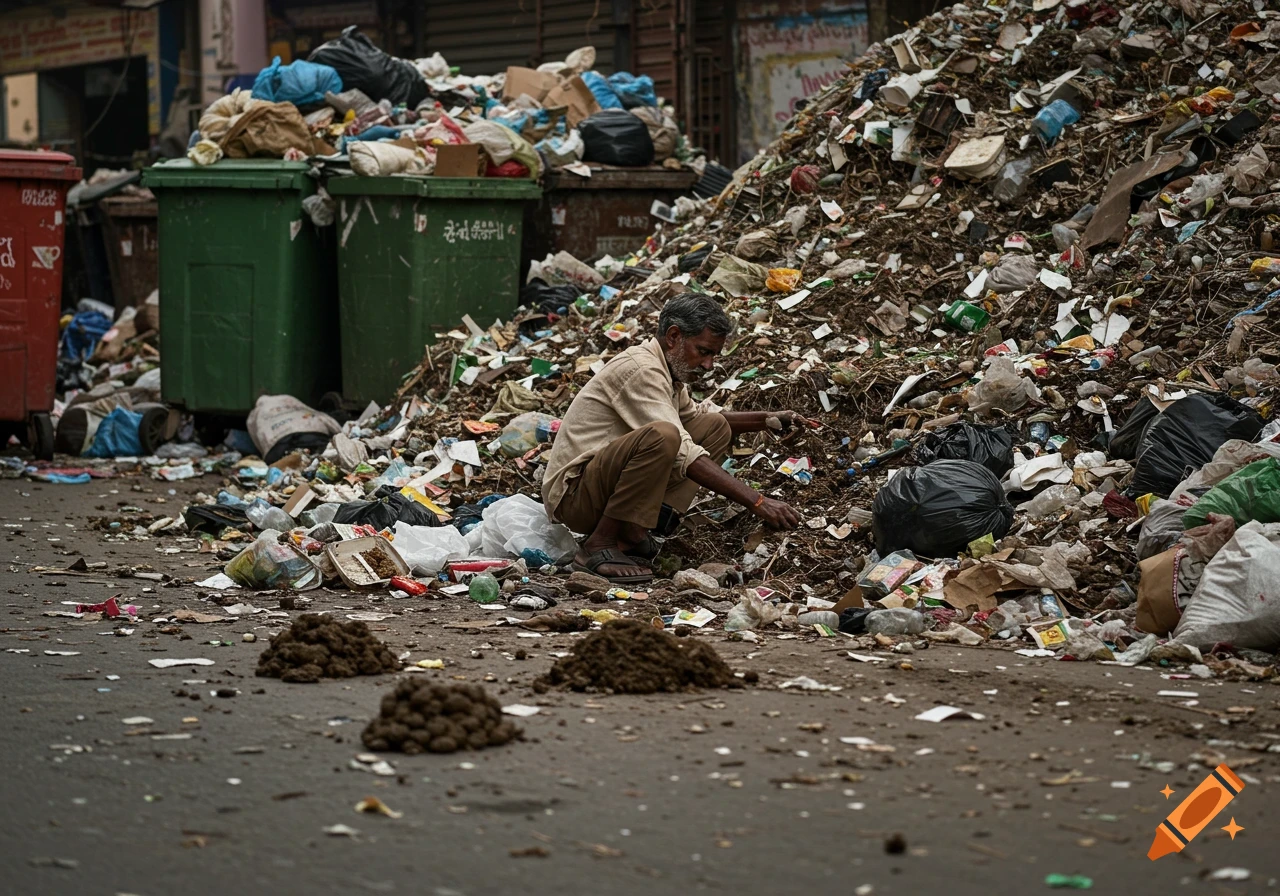 An Indian man squats and searches through a large pile of garbage on a dirty street with piles of excrement nearby, photo.