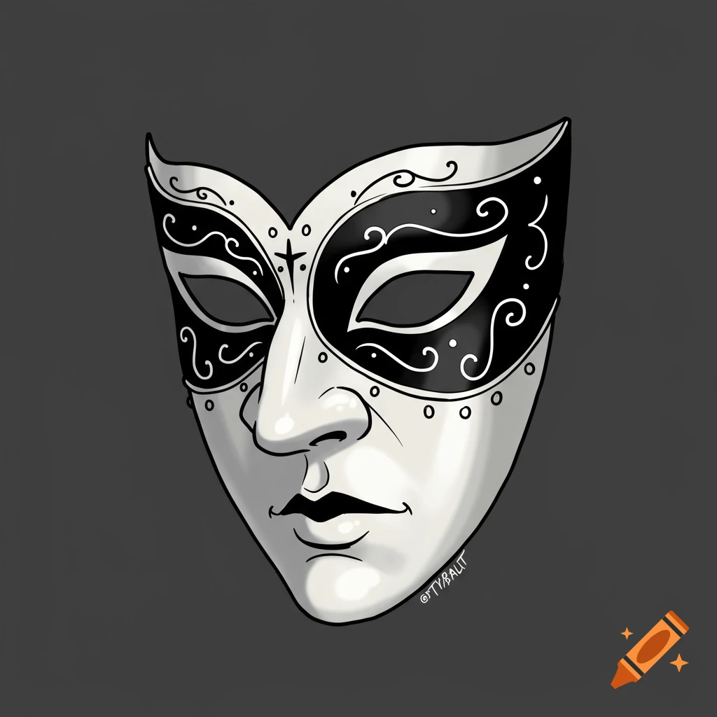 Simply drawn black and white masquerade mask with decorative patterns.