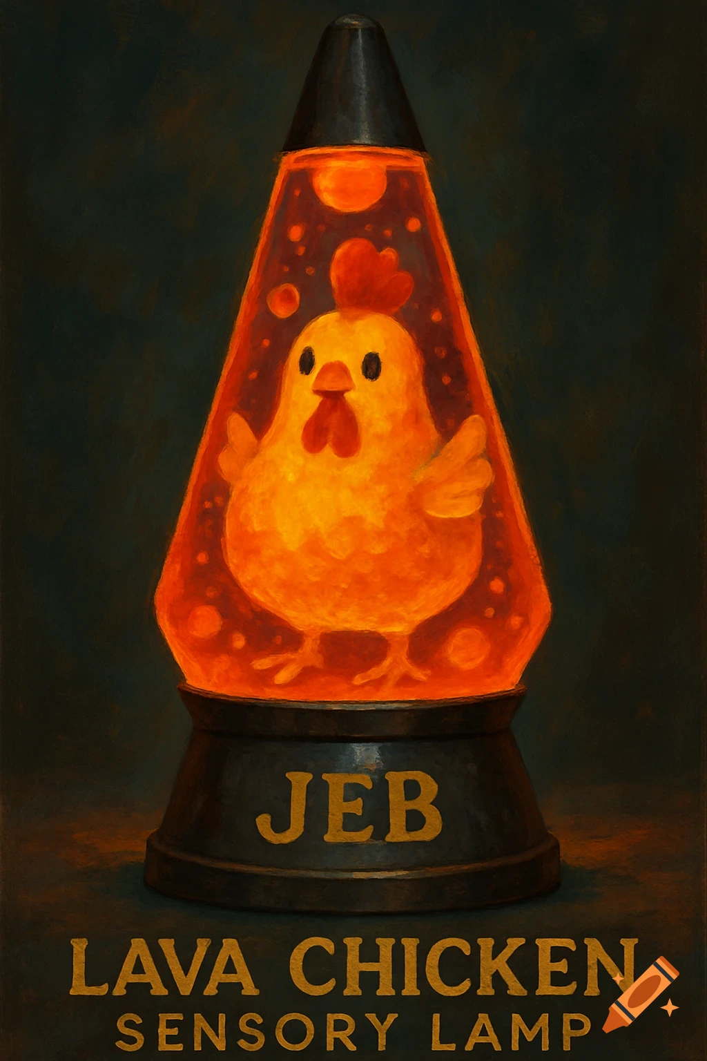 A chicken floats inside an orange lava lamp with text on the base, in a painted style.