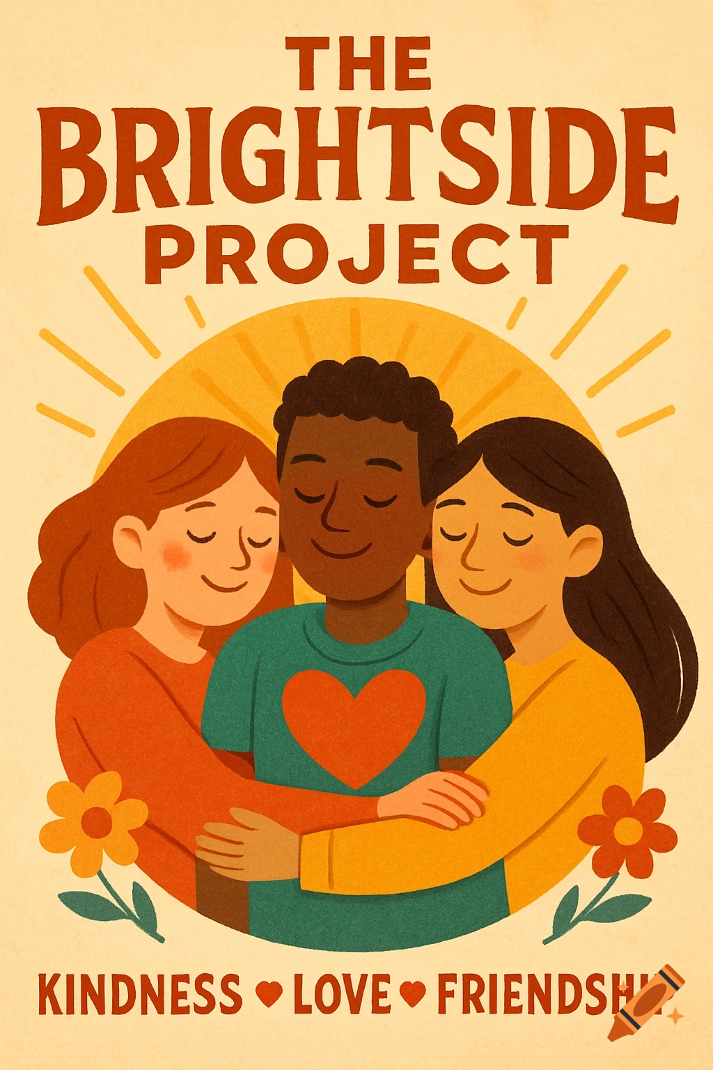 Illustration poster of three people hugging with text 'The Brightside Project' and 'Kindness Love Friendship'.