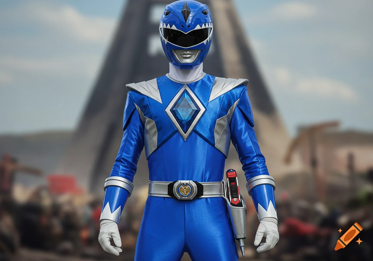 Blue Power Ranger in full suit standing in front of a blurred structure