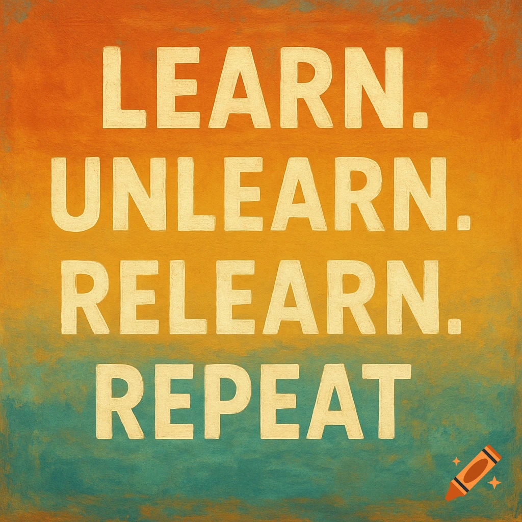 Motivational quote "Learn. Unlearn. Relearn. Repeat." on a textured orange and teal background.