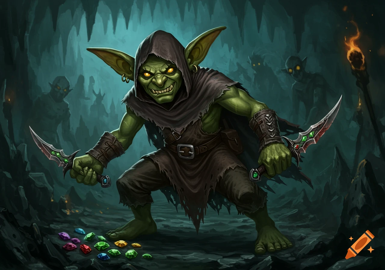 A green goblin in a hooded cloak crouches in a cave holding two daggers, with gems scattered on the ground.