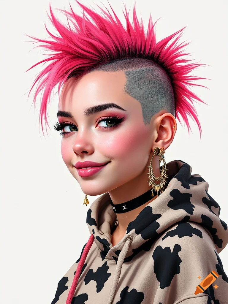 Portrait of a girl with a pink mohawk and shaved sides, wearing a cow ...