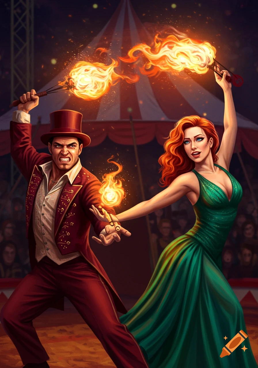 Two fire performers in a circus tent, illustration style.