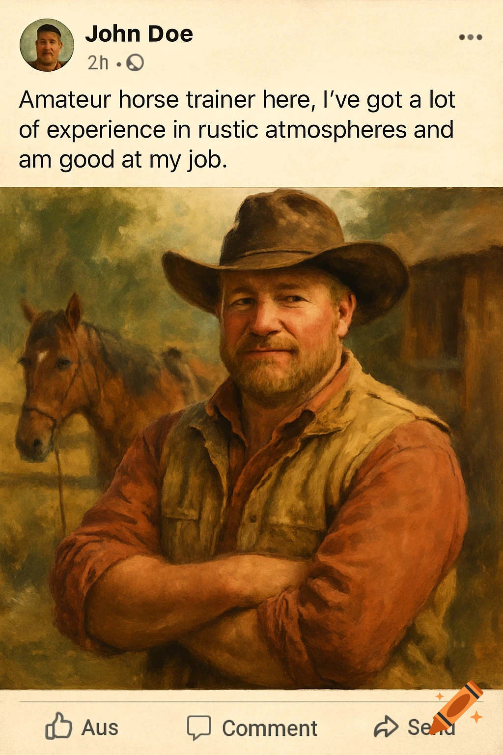 Oil painting portrait of a man in a cowboy hat with a horse in a rustic setting.