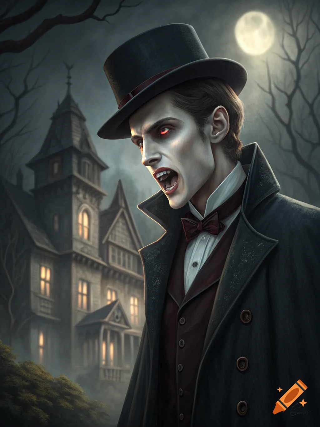 A stylized illustration of a vampire in a top hat and coat with red eyes and fangs, standing before a gothic mansion under a full moon.