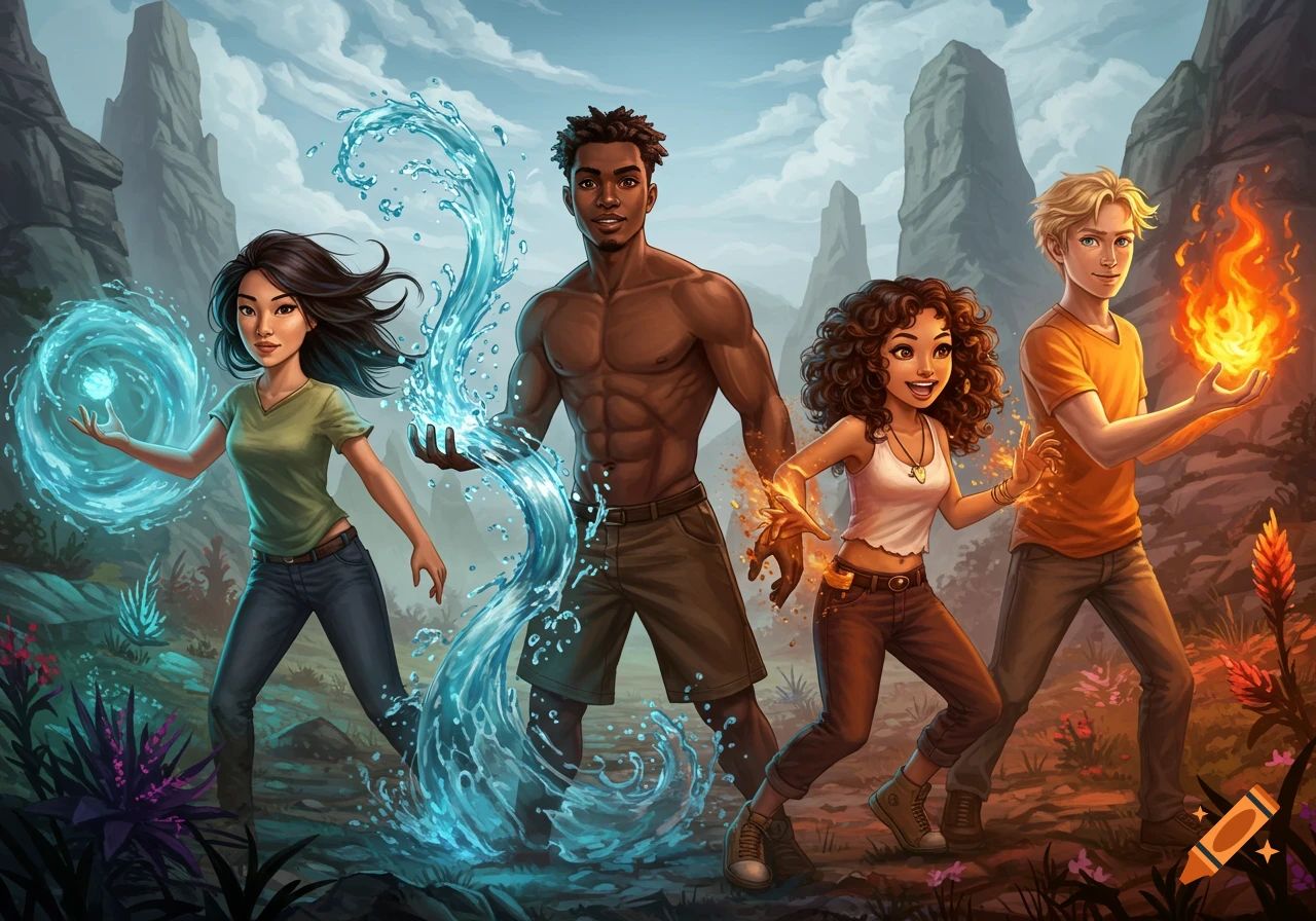 Four young people controlling elements (water, air, fire) stand together in a fantasy landscape, digital art.