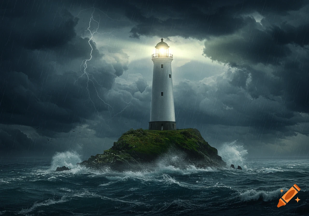 A lighthouse on a rocky island in a stormy sea with lightning and rain.