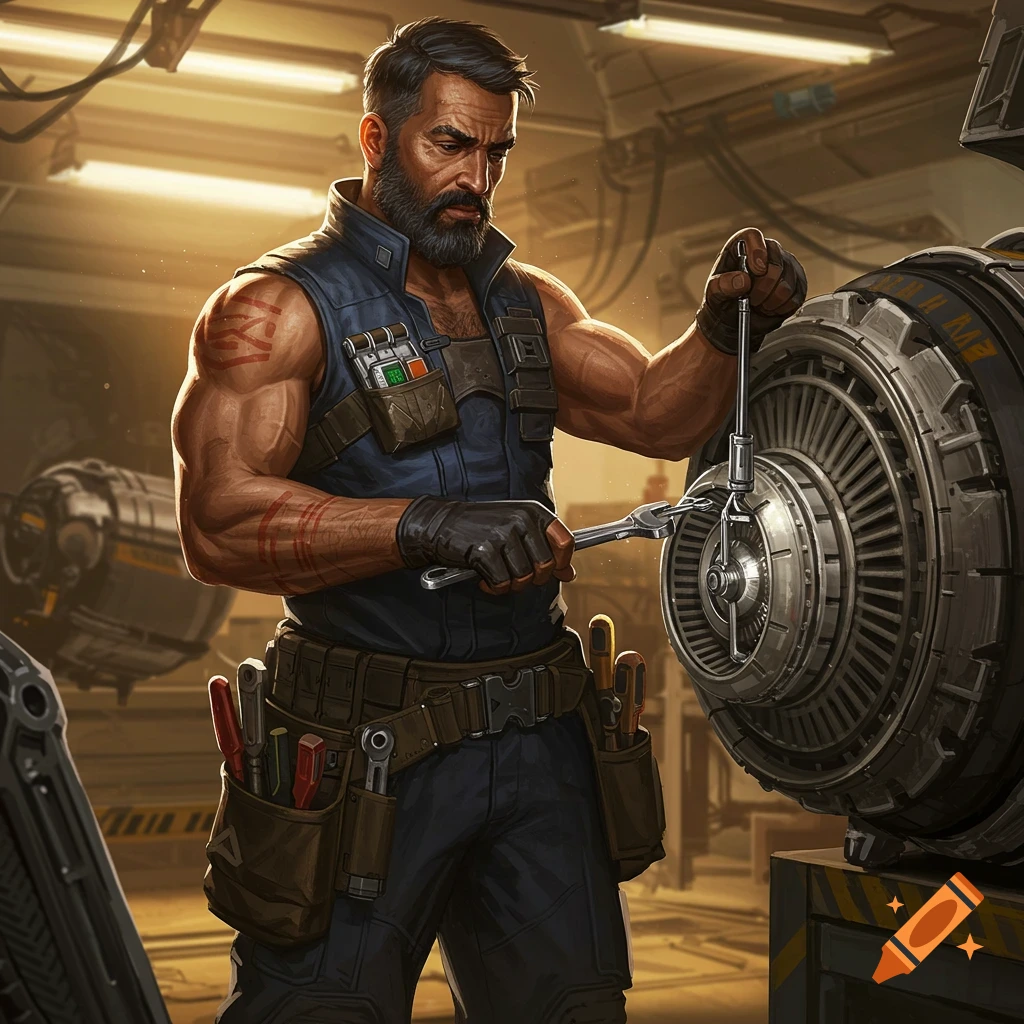 Muscular bearded man works on a spaceship engine in a sci-fi workshop, holding tools.