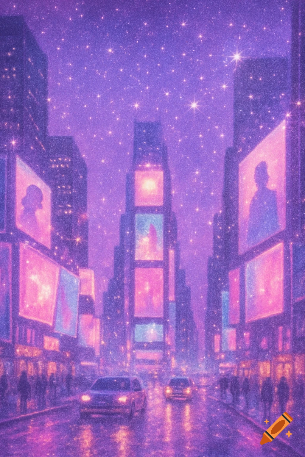 A sparkly, hazy purple night cityscape with buildings, billboards, cars, and people silhouettes.