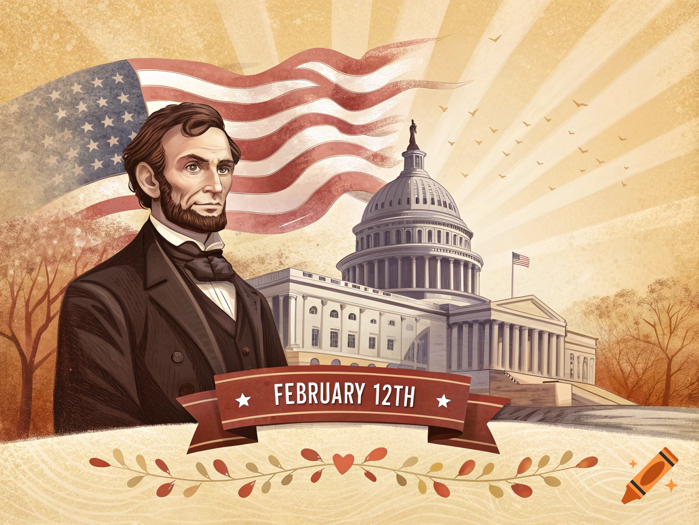 Illustration of Abraham Lincoln, the US Capitol, and American flag with banner 'FEBRUARY 12TH'