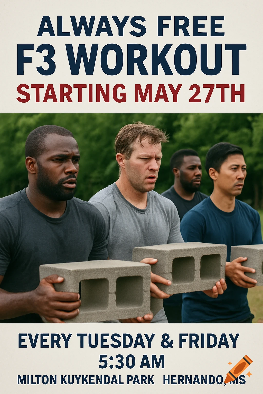Flyer for a free workout showing men exercising with cinder blocks.