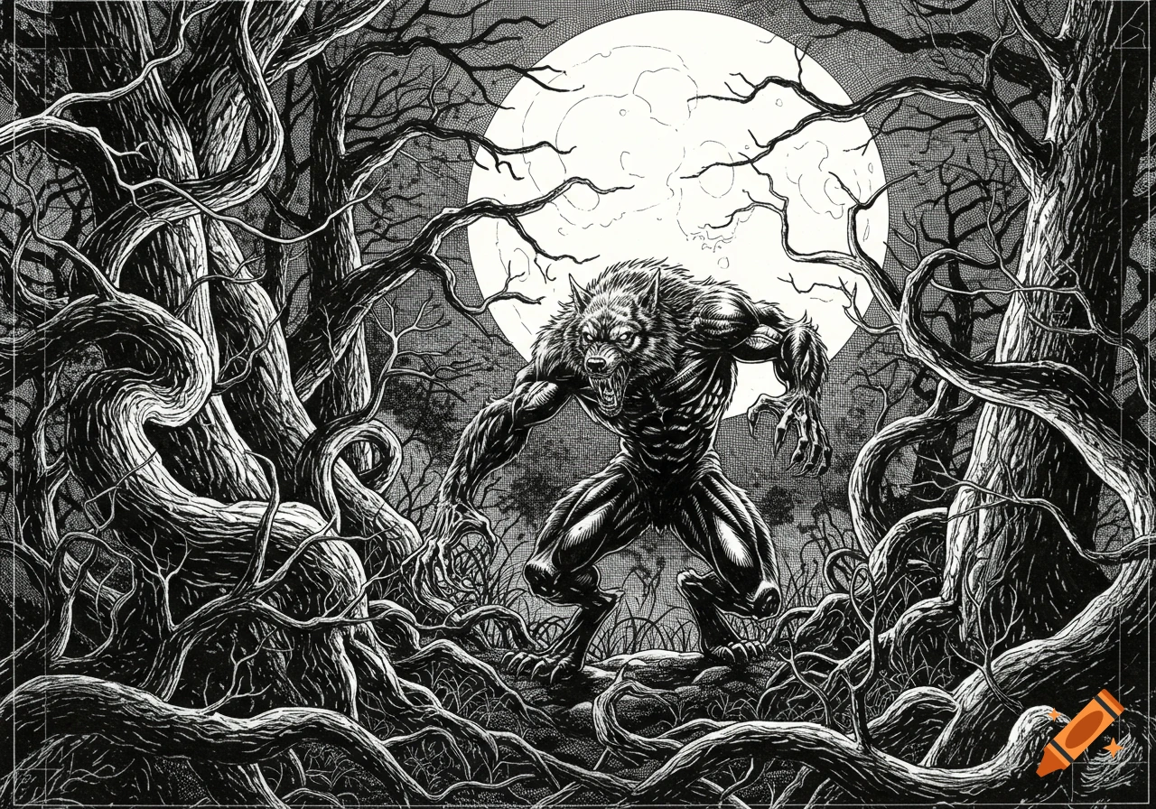 Black and white line art of a muscular werewolf in a twisted forest under a full moon.