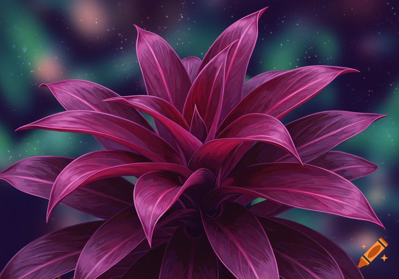 Vibrant pink and purple plant against a starry space background illustration.