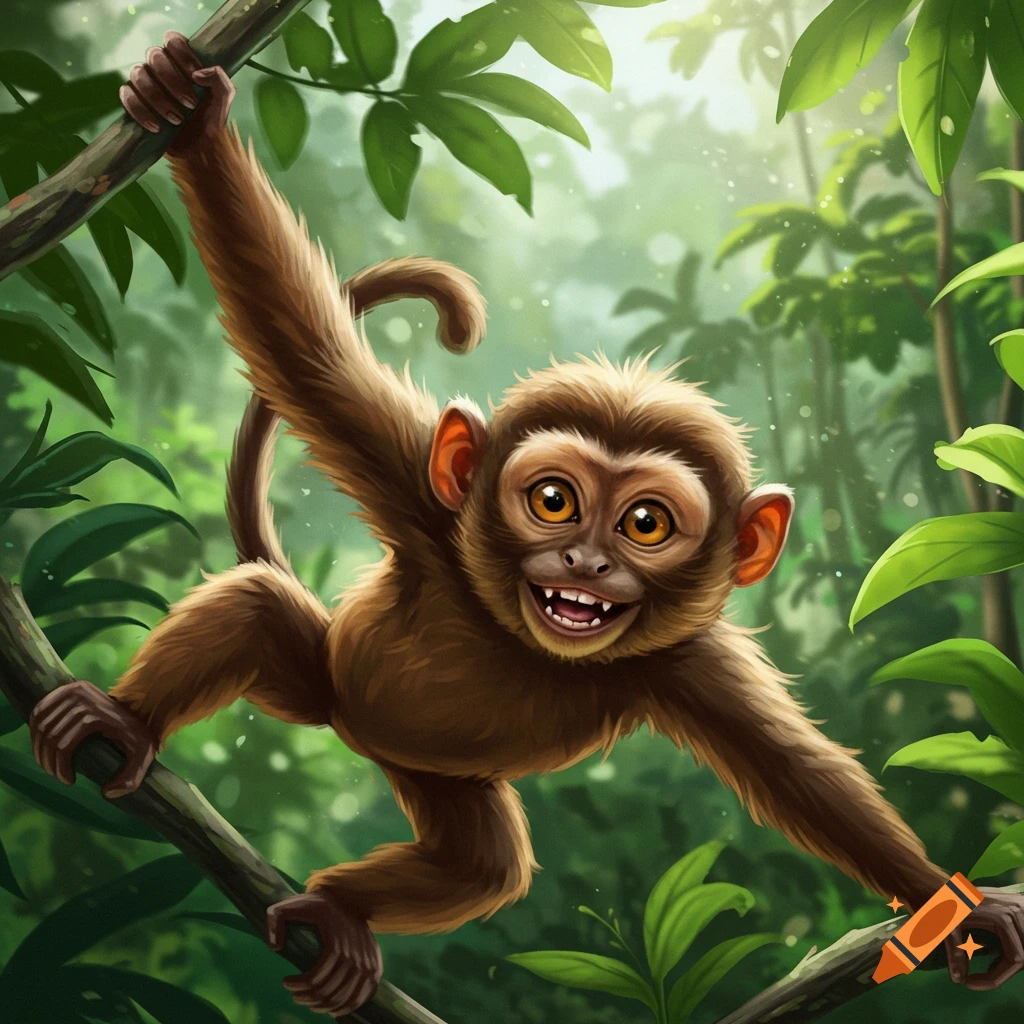 A cartoon monkey hangs from a tree branch in a jungle, grinning widely.