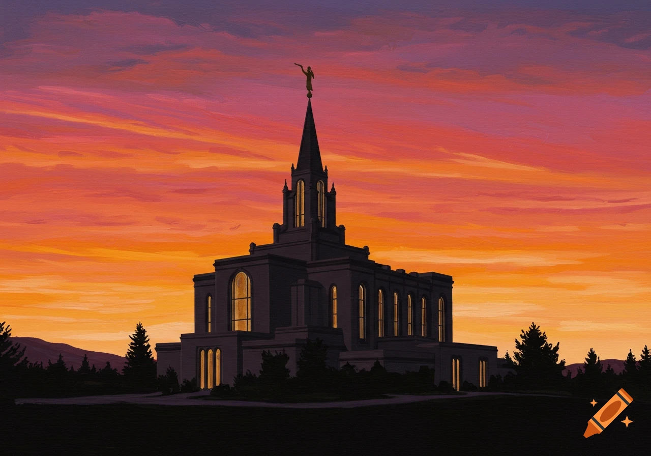 A silhouette of a temple building stands against a vibrant orange and purple sunset.