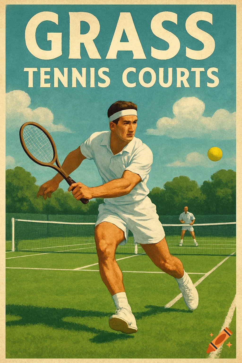 Vintage style poster advertising grass tennis courts, showing a player hitting a ball with an opponent in the background.