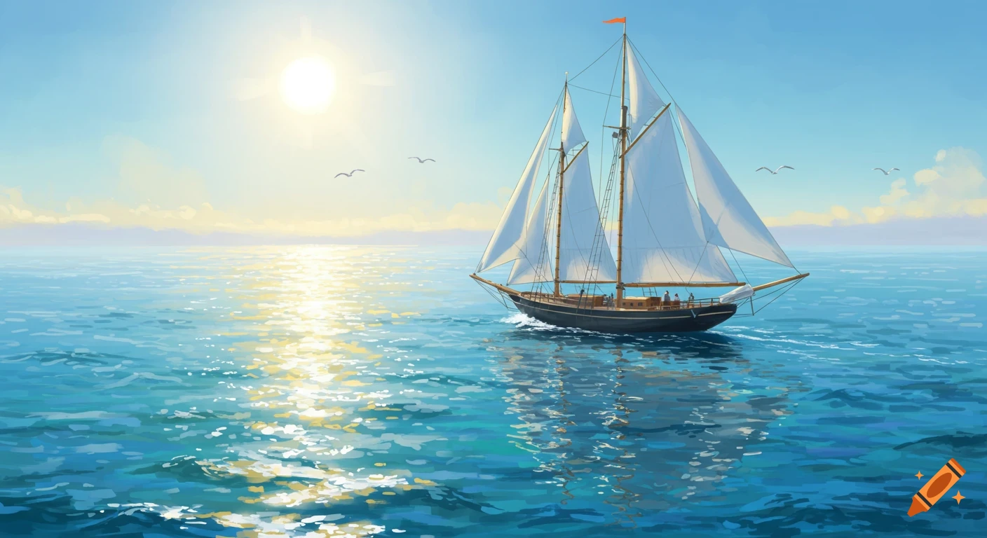 A sailboat glides across the ocean at sunset.