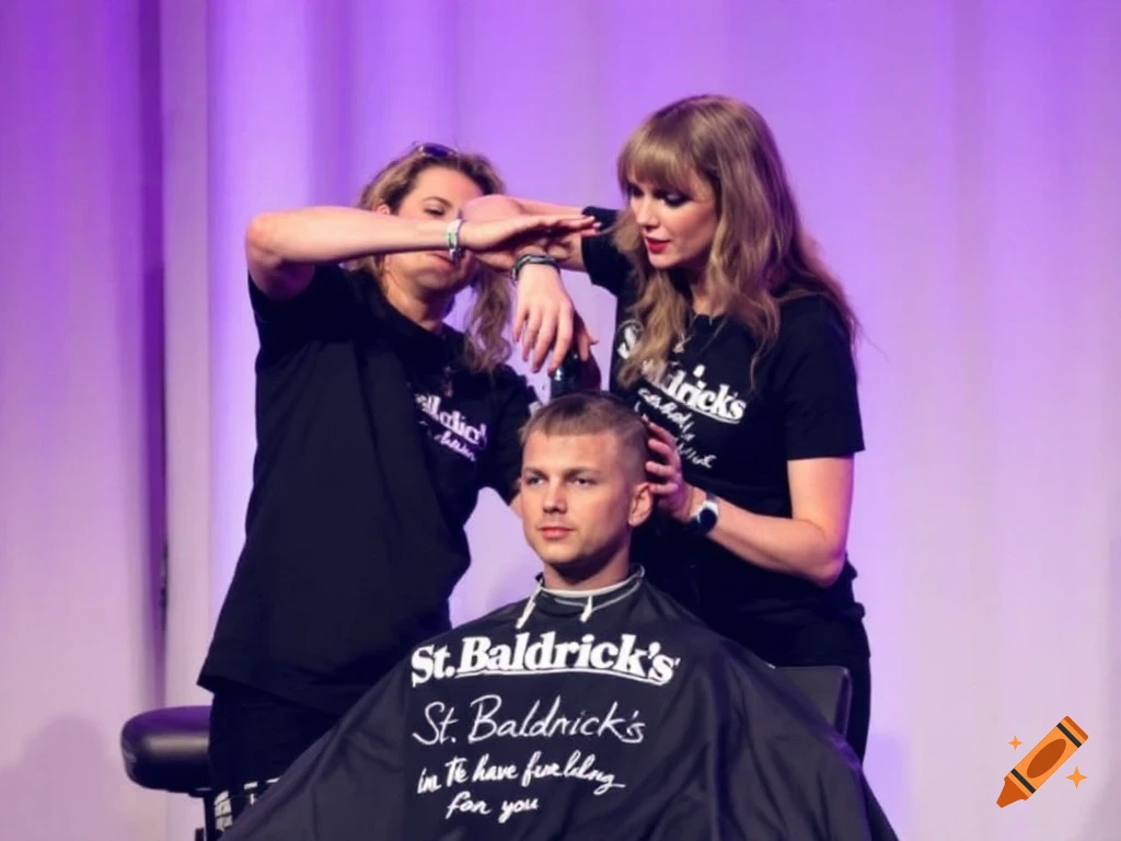 Two women give a man a haircut on stage at an event.