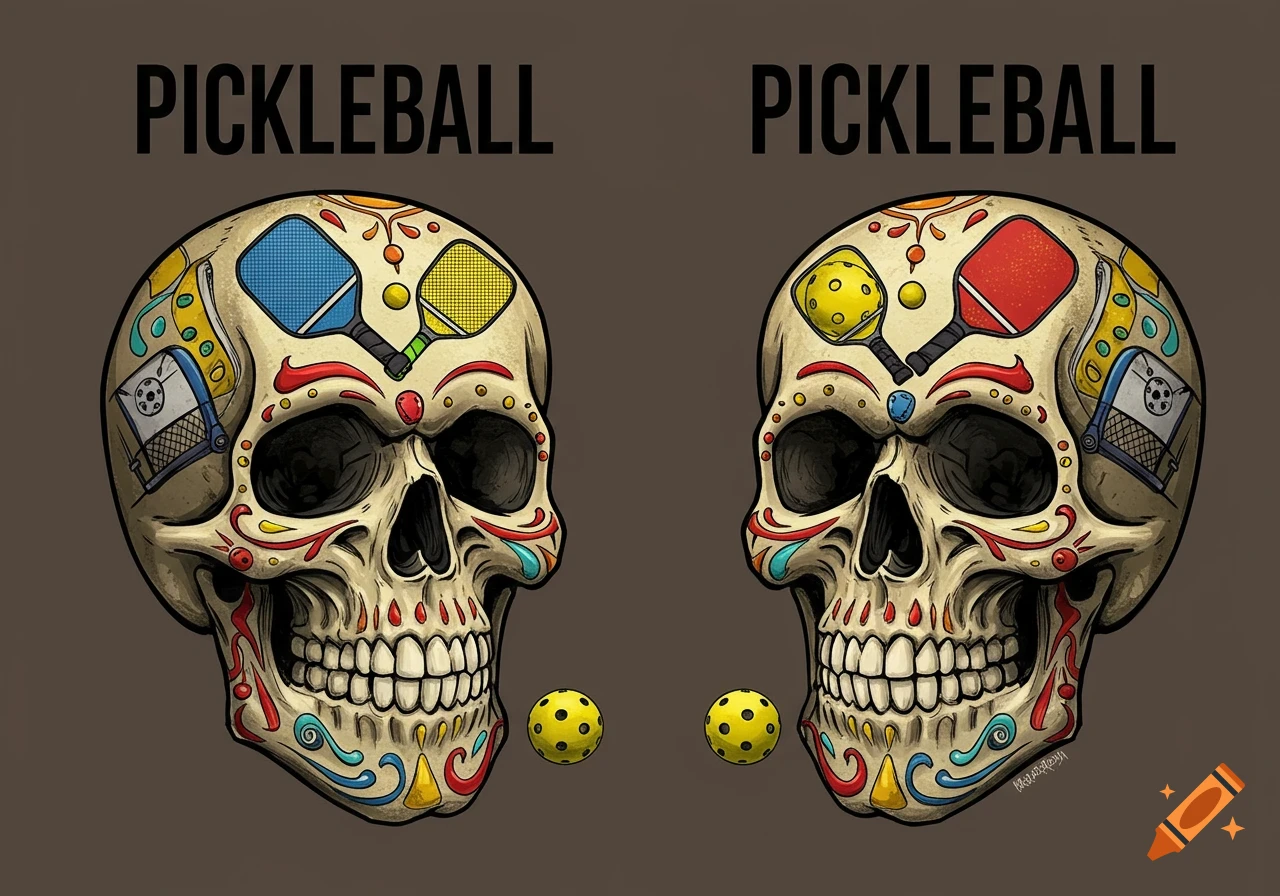 Illustration of two decorated skulls with pickleball rackets and balls, text reads PICKLEBALL.