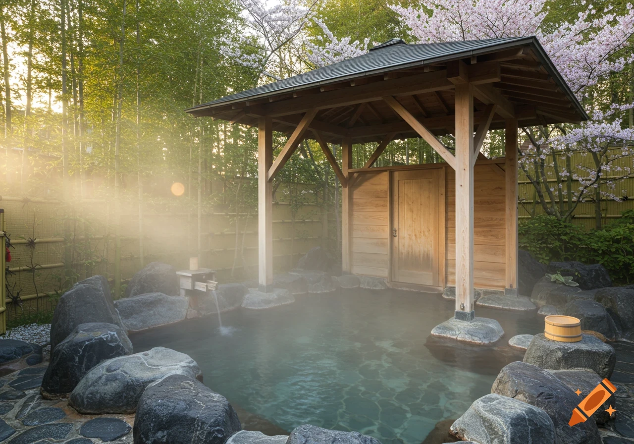 Outdoor Japanese onsen hot spring bath with steam, rocks, wooden structure, and cherry blossoms.