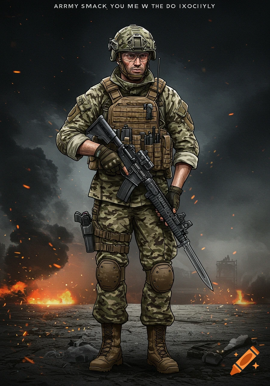 Stylized illustration of a soldier in camouflage uniform holding a rifle with a bayonet in a fiery battle scene.