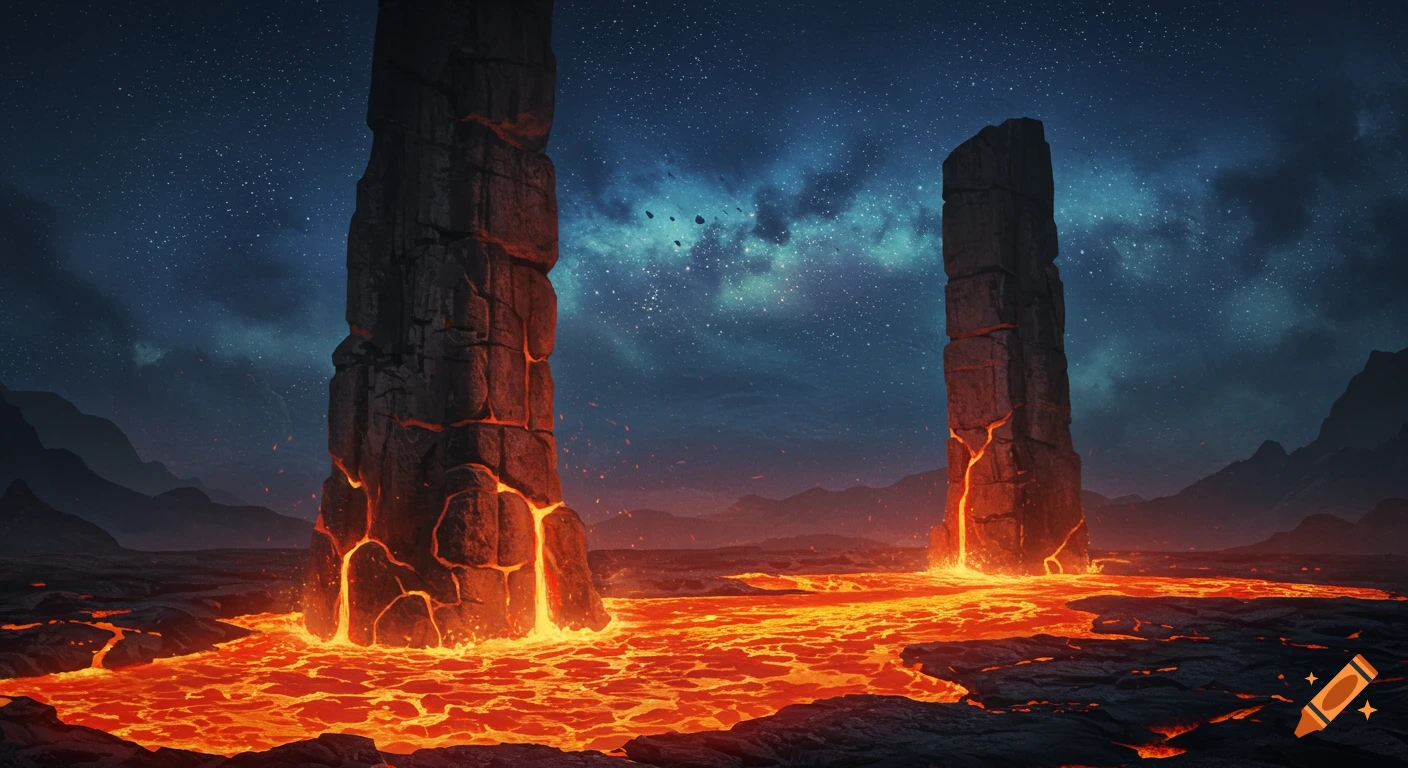 Epic volcanic landscape with glowing lava around large rock pillars under a starry night sky.