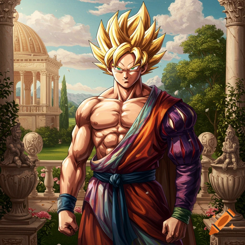 Goku in a Renaissance-style garden wearing colorful robes