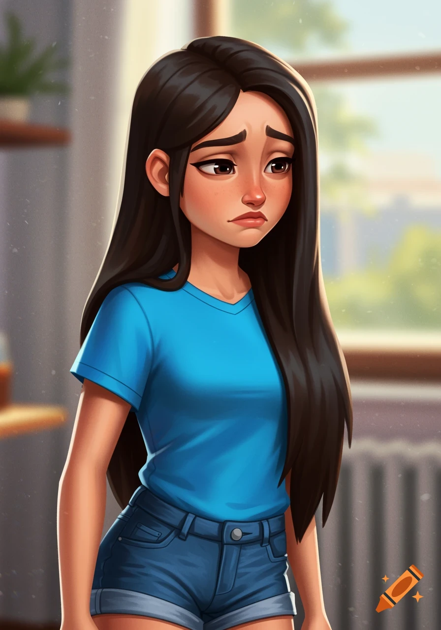 Cartoon illustration of a sad young woman in a blue t-shirt and denim shorts.
